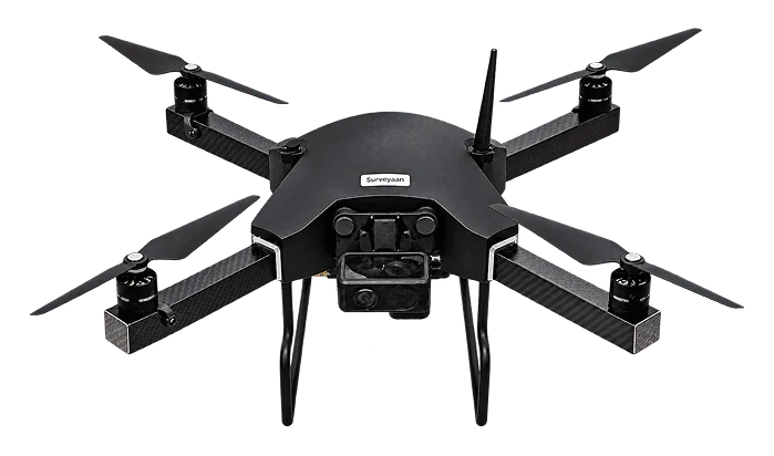 Surveyaan V1 quad-rotor survey drone with carbon fibre arms and camera payload