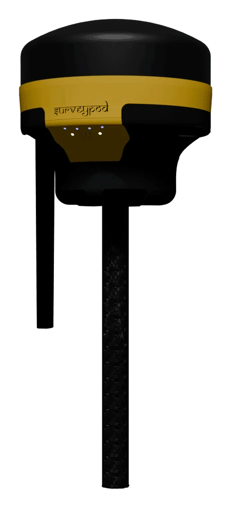 SurveyPod DGNSS receiver in black and yellow mounted on a carbon fibre survey pole